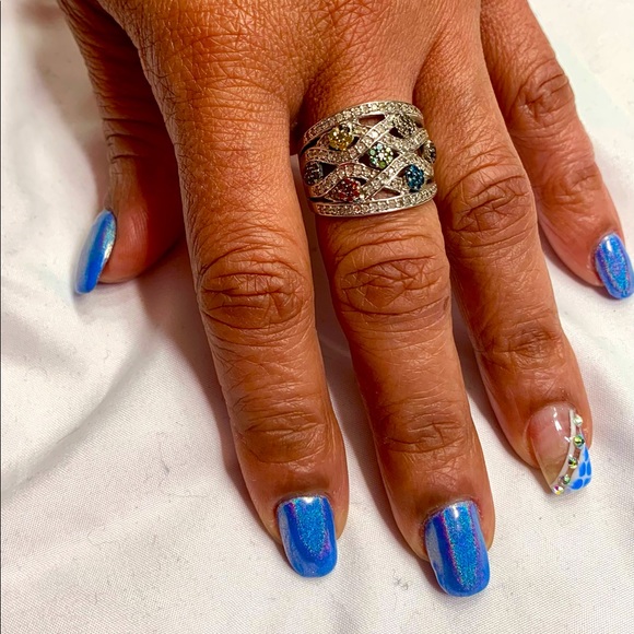 Multi colored diamond ring in rhodium plated silver - Picture 6 of 7